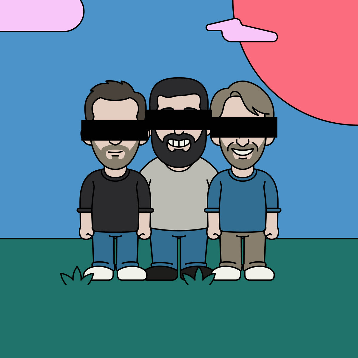 Illustration des trois fondateurs de NOTOY, les yeux barrés